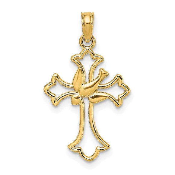 14k Yellow Gold Cut-Out Dove Center Cross Necklace Charm Pendant